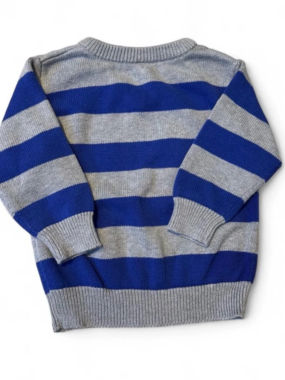 GAP Blue and Gray Striped V-Neck Sweater with Dark Grey Elbow Patches